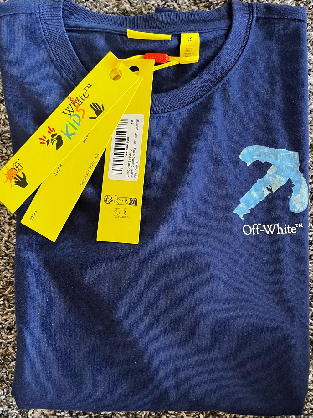 Off-White Navy Blue Kids Graphic Tee with Light Blue Print